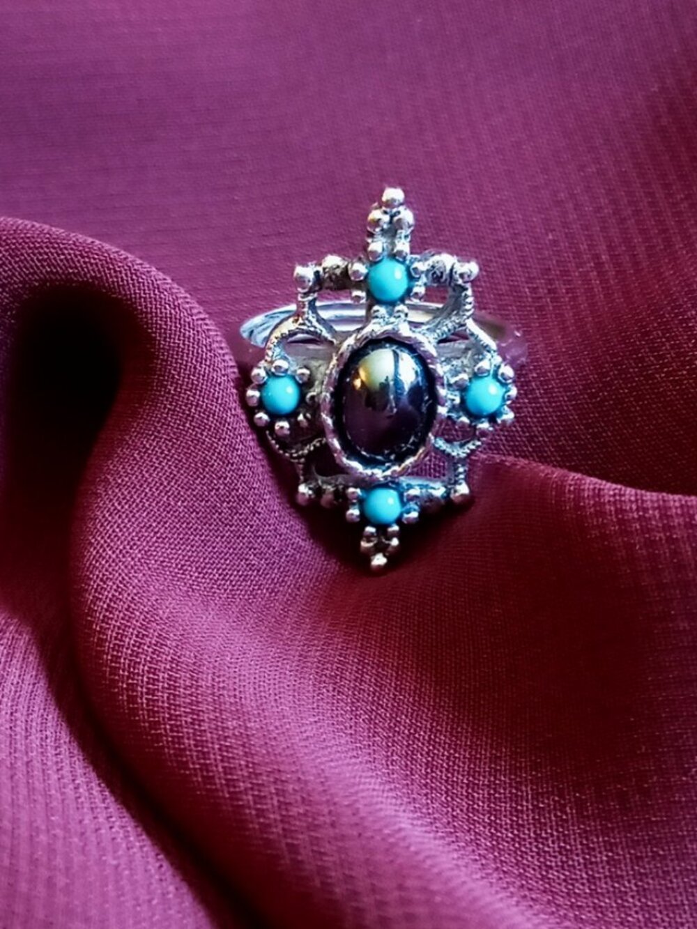 Vintage 1970s Avon Mirabella Hematite & Turquoise Silvertone Statement Ring Sz 6